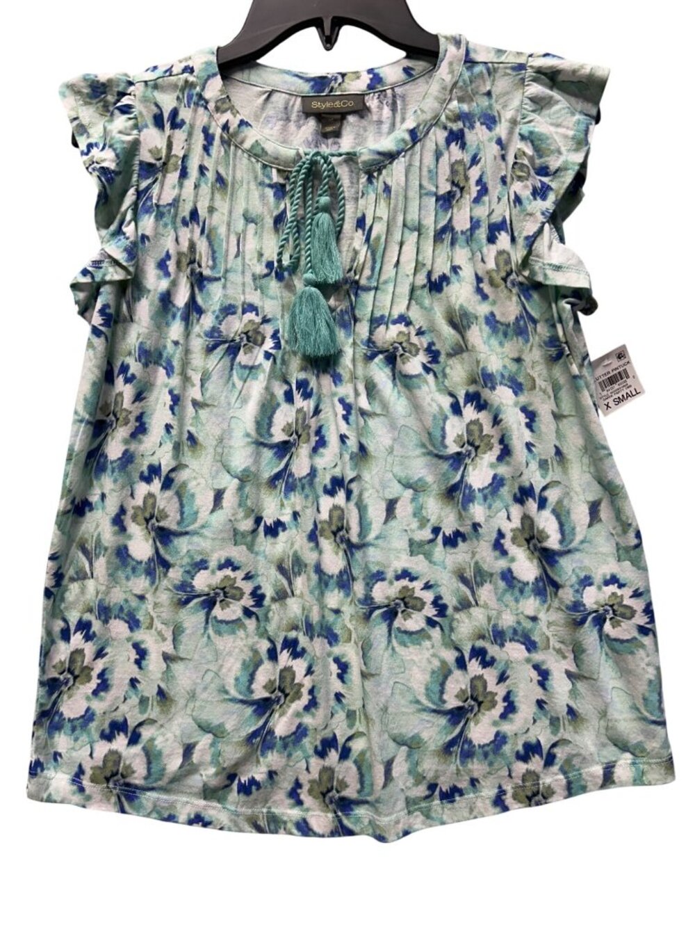 Style & Co Flutter Pintuck Womens X-Small Top Green & Blue Floral Print